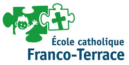 Logo Ecole Franco-Terrace bleu et vert avec un visage d'enfant et un croix